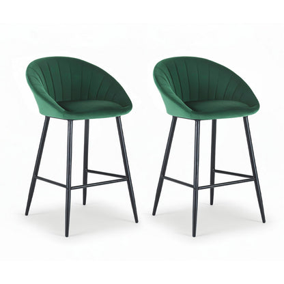 Two green bar stools with black legs on a white background