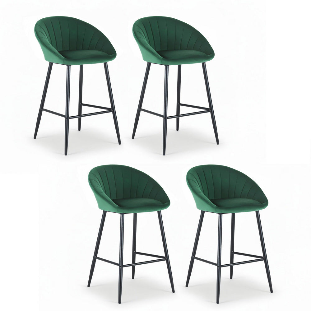 Four green bar stools with black legs on a white background