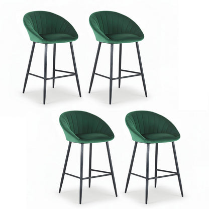 Four green bar stools with black legs on a white background