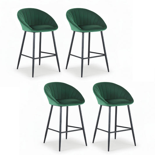 Four green bar stools with black legs on a white background