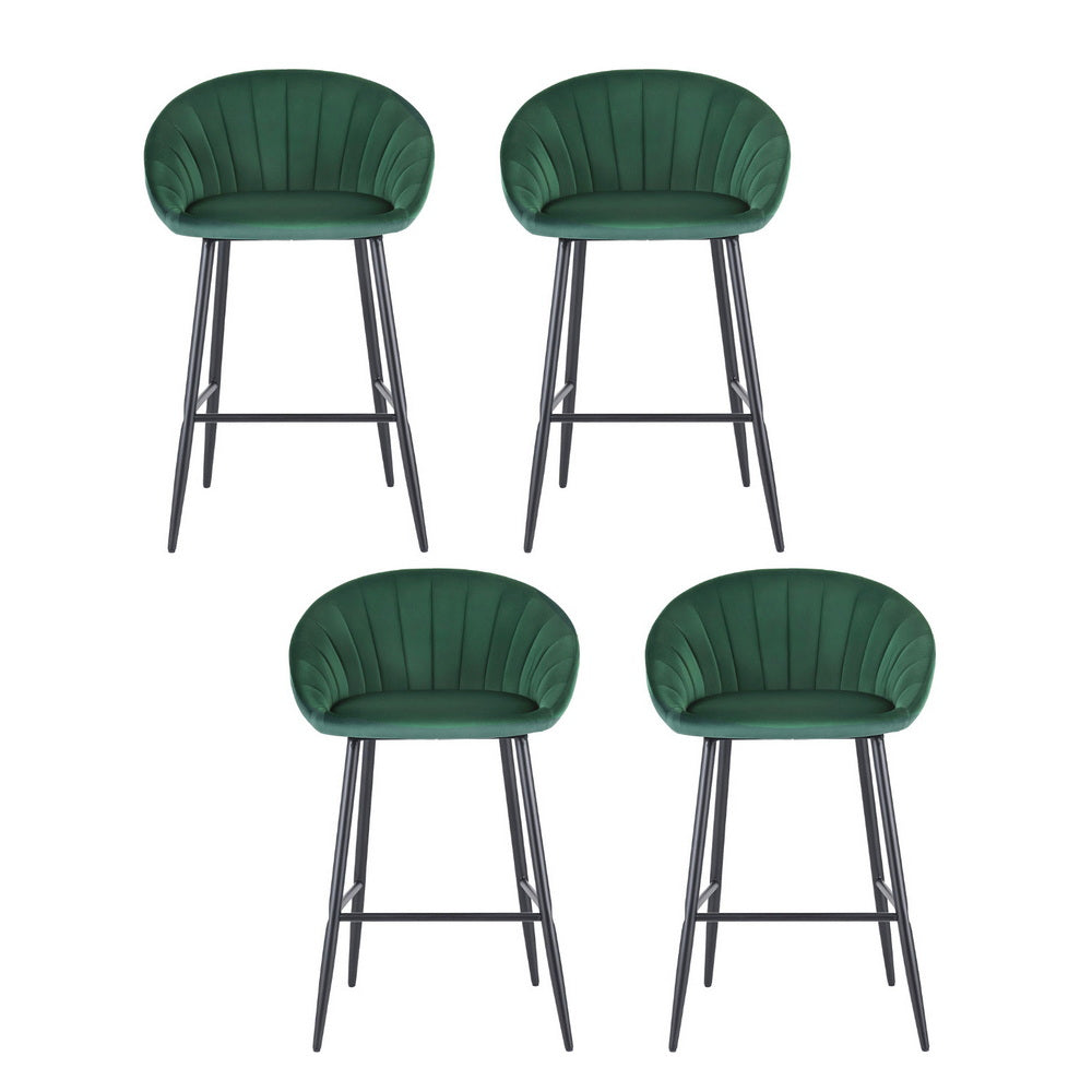 Four green bar stools with black metal legs on a white background
