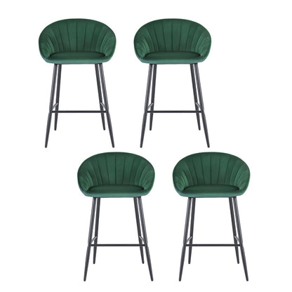 Four green bar stools with black metal legs on a white background