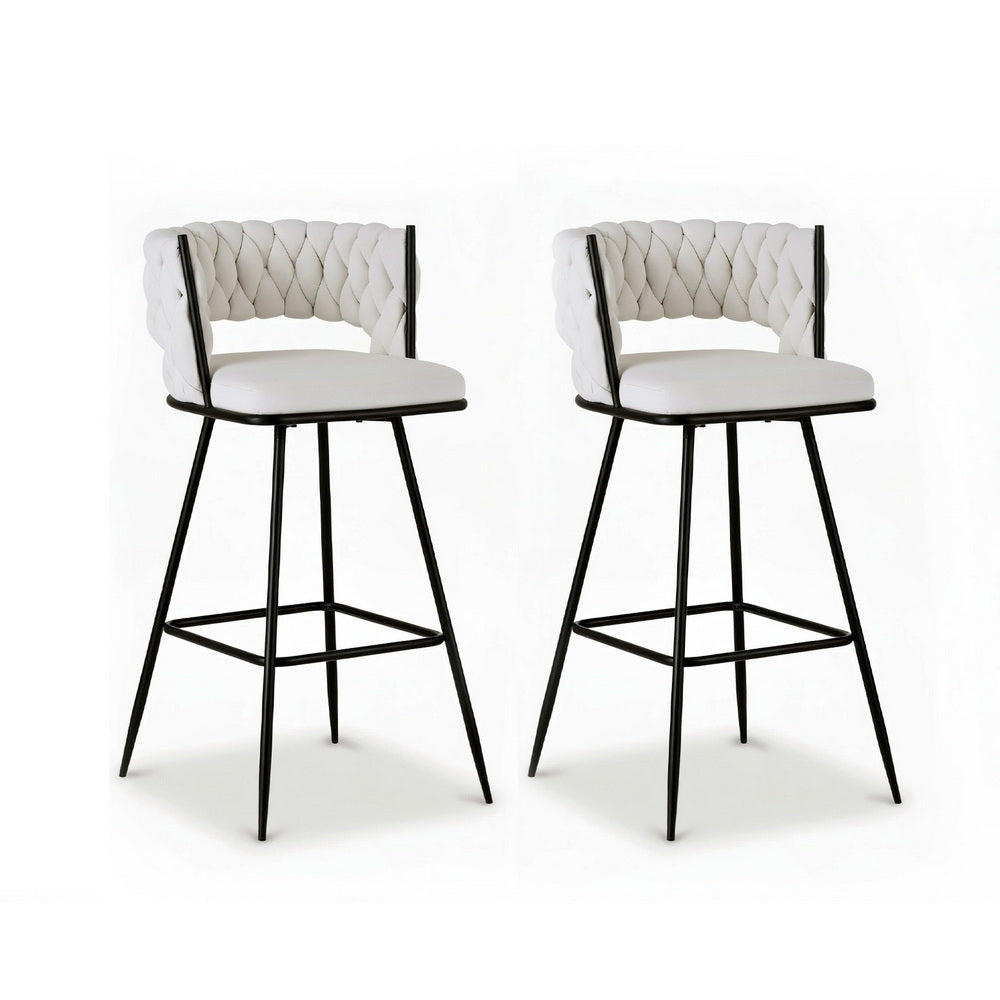 Two white bar stools with black metal legs on a white background