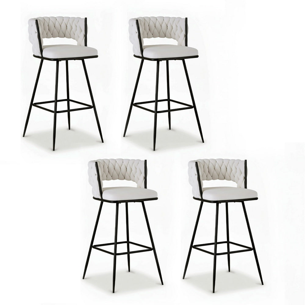 Four bar stools with white seats and black metal frames on a white background