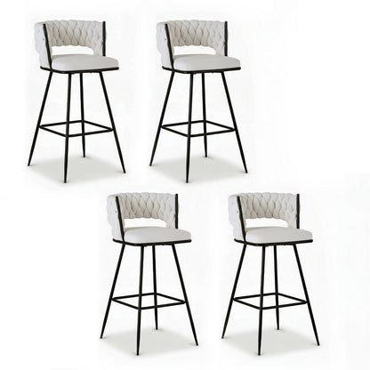 Four bar stools with white seats and black metal frames on a white background
