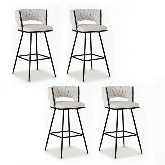 Four bar stools with white seats and black metal frames on a white background