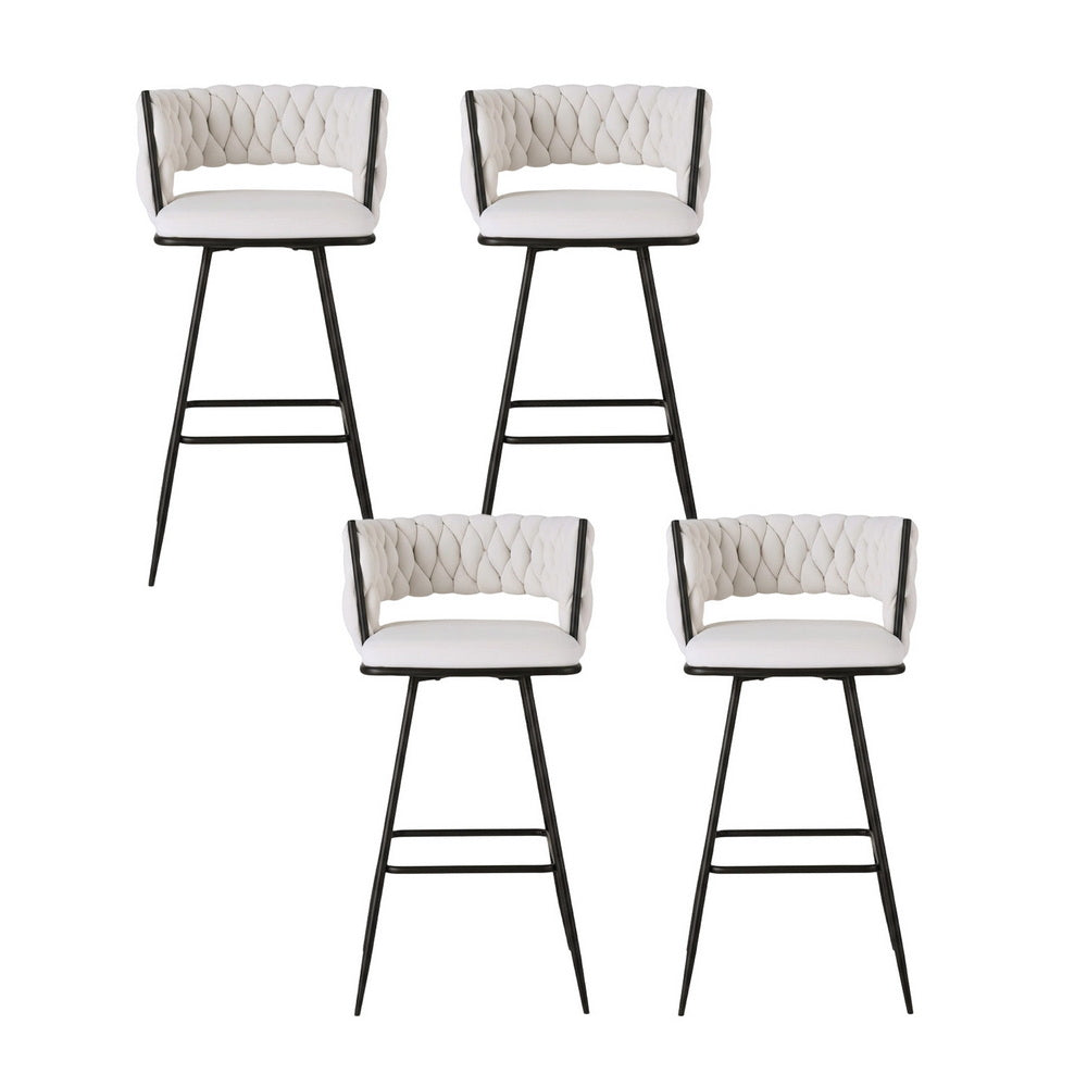 Four white bar stools with black metal frames on a white background