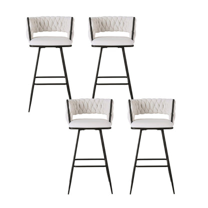 Four white bar stools with black metal frames on a white background