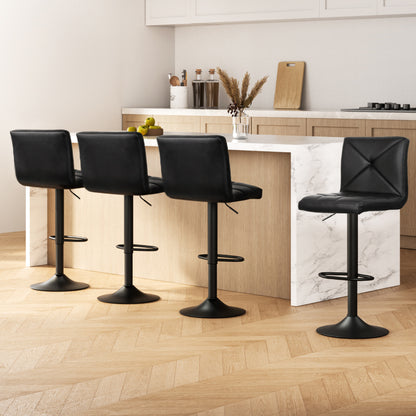 4 x Leather Padded Gas Lift Bar Stools All Black