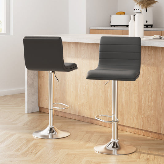 2 x Leather Padded Gas Lift Bar Stools Grey