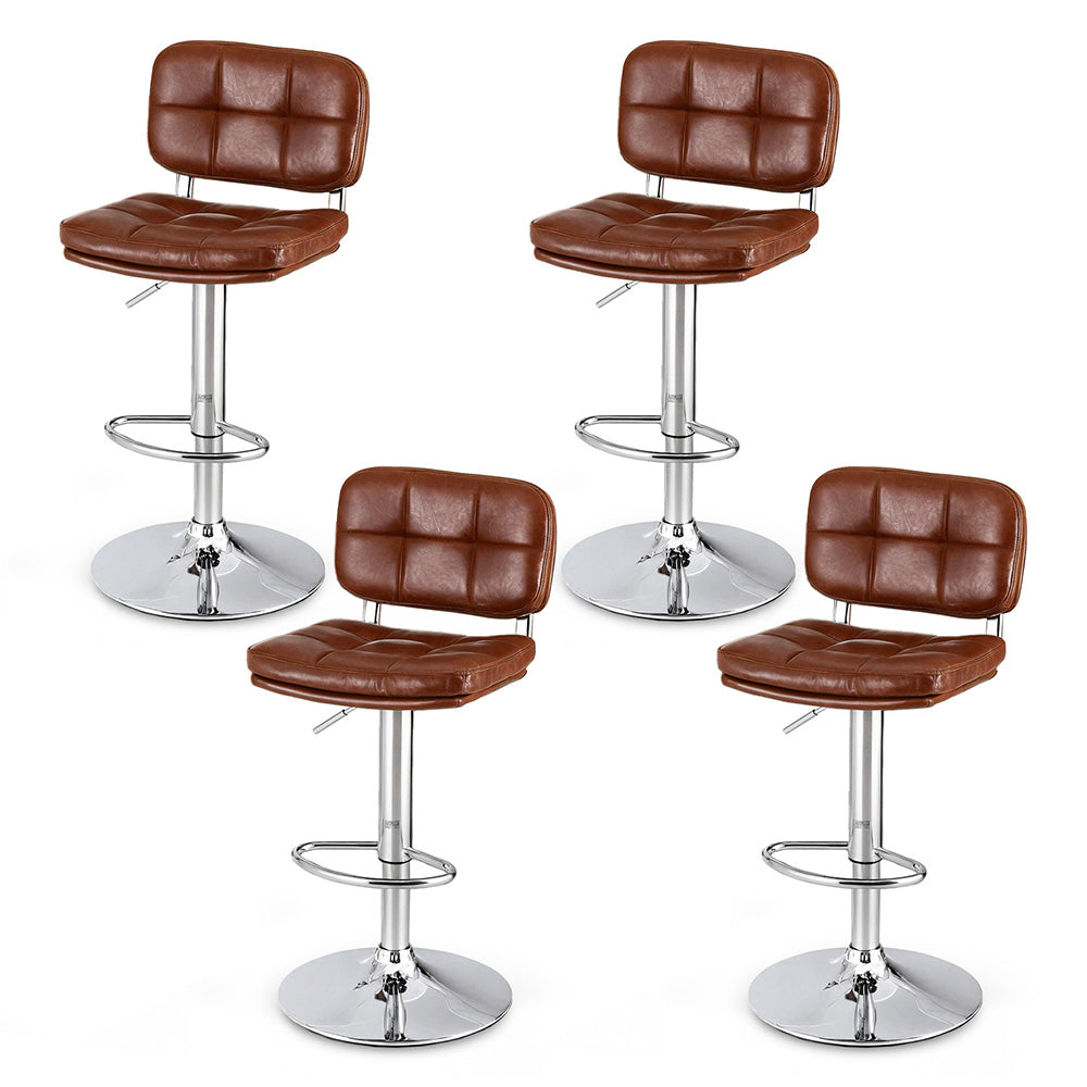 Four brown leather bar stools with chrome bases on a white background