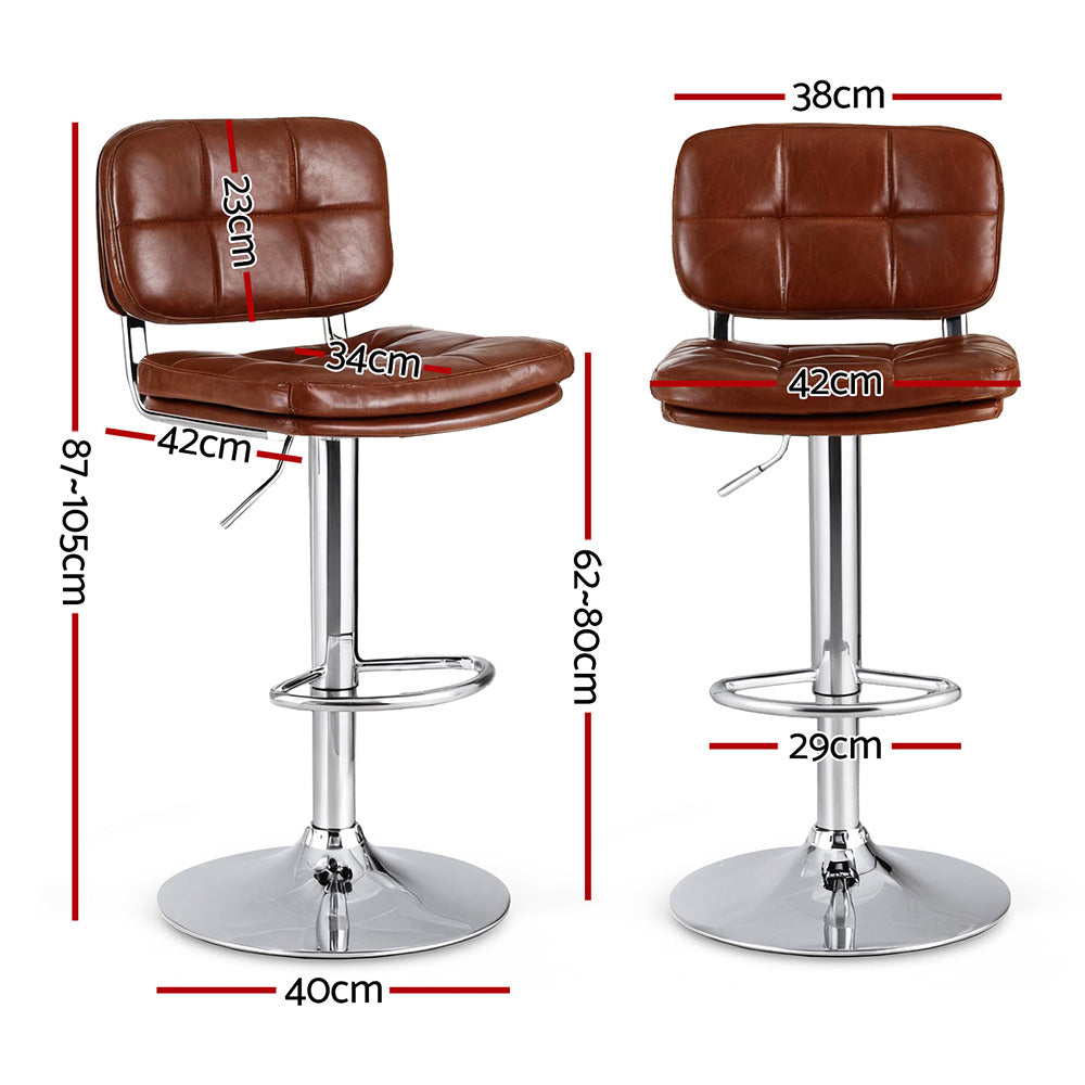 Two brown leather bar stools with measurements on a white background