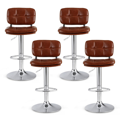Four brown leather bar stools with chrome bases on a white background