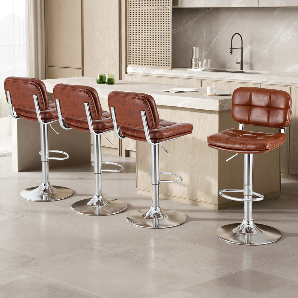 Set of brown bar stools with metal legs in a kitchen setting