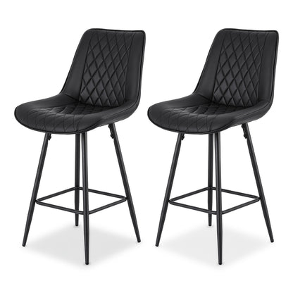 Two black bar stools with quilted seats on a white background
