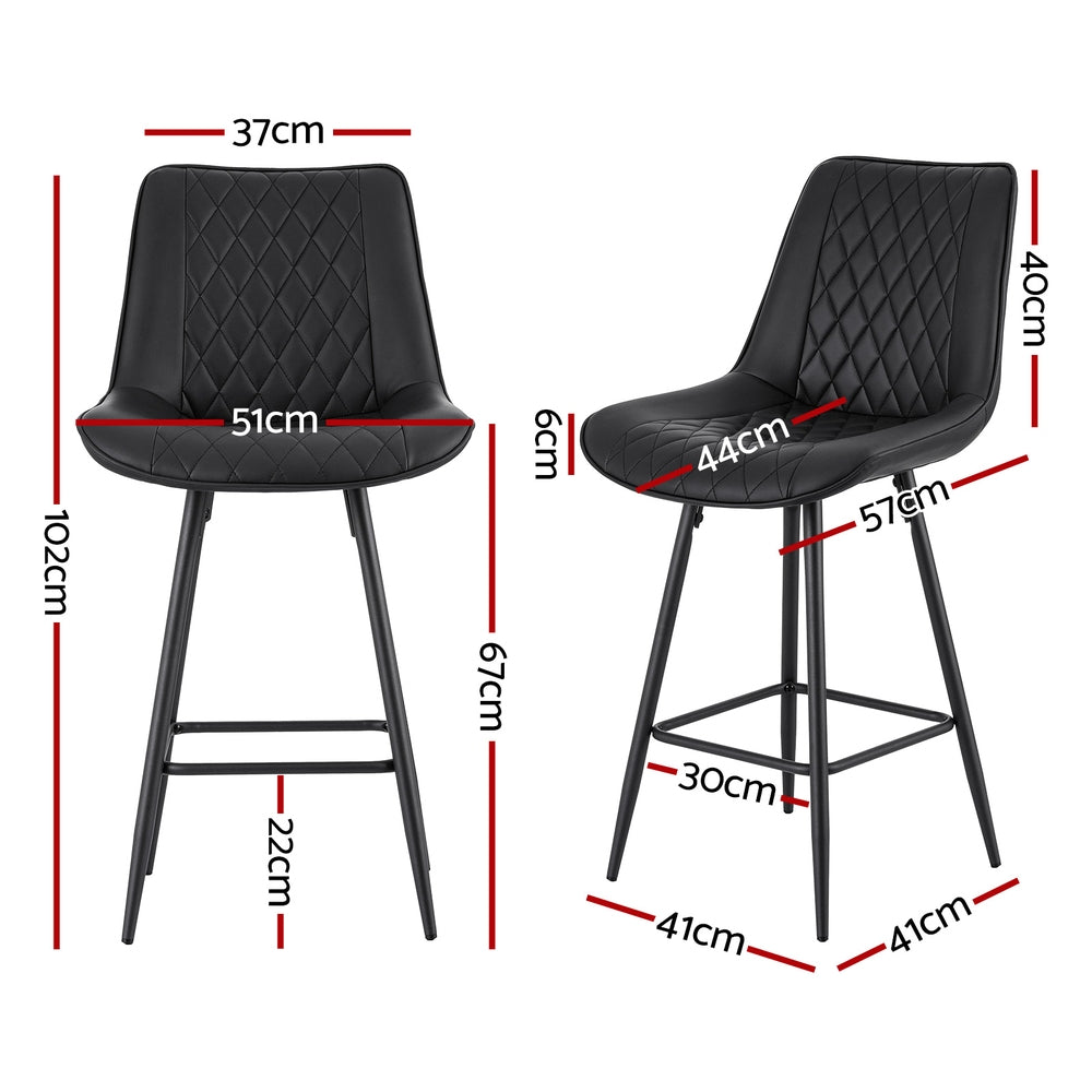 Black bar stools with dimensions marked on a white background