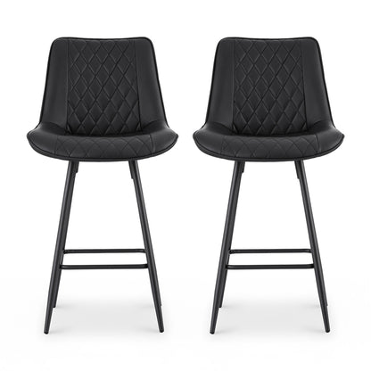Two black bar stools with quilted seats on a white background