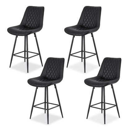 Four black bar stools with quilted seats on a white background