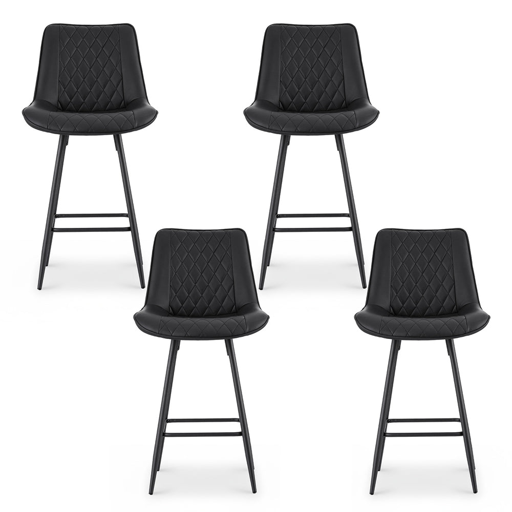 Four black bar stools with quilted seats on a white background