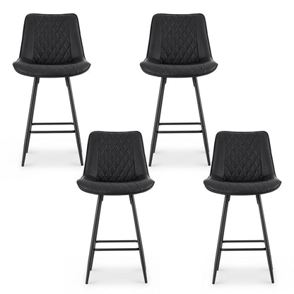 Four black bar stools with quilted seats on a white background