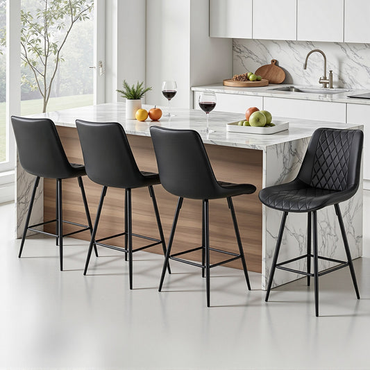 Modern kitchen with marble island and black bar stools