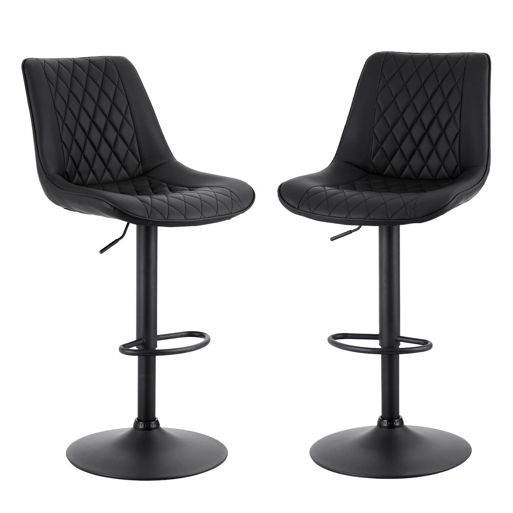 Two black quilted bar stools on a white background