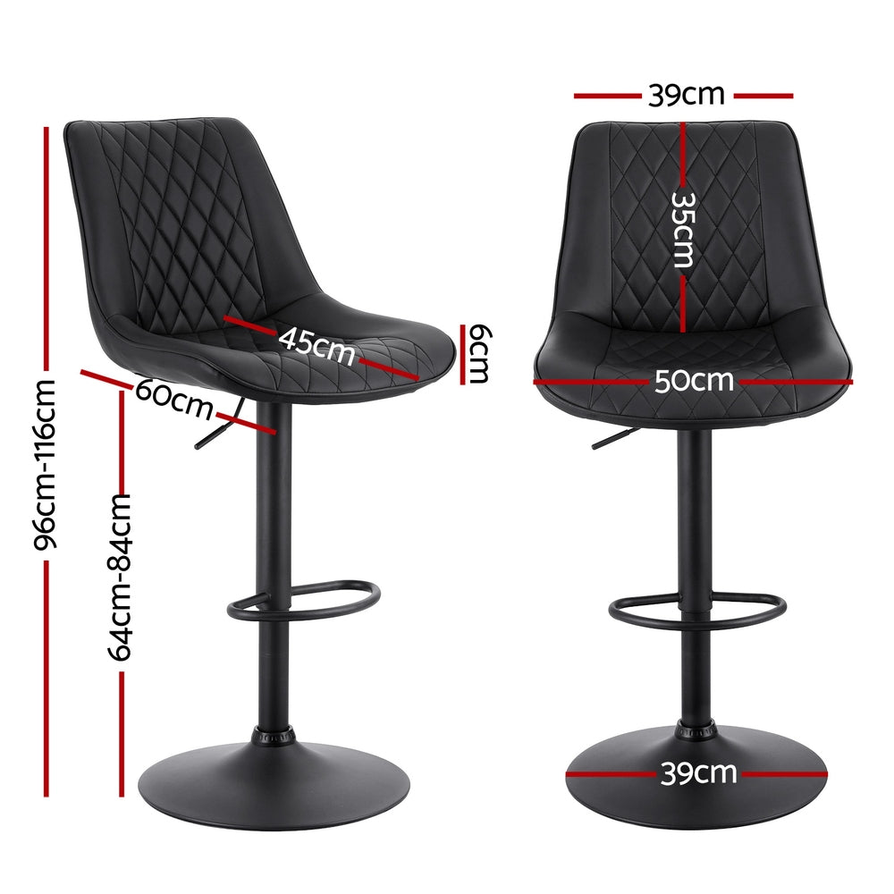 Two black bar stools with measurements on a white background