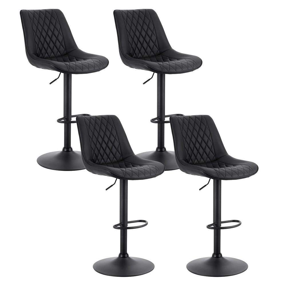 Four black quilted bar stools on a white background