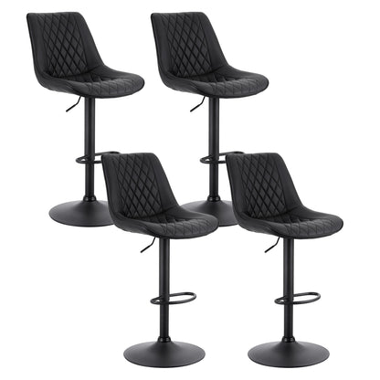 Four black quilted bar stools on a white background