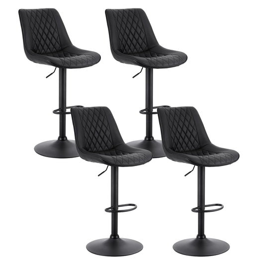 Four black quilted bar stools on a white background