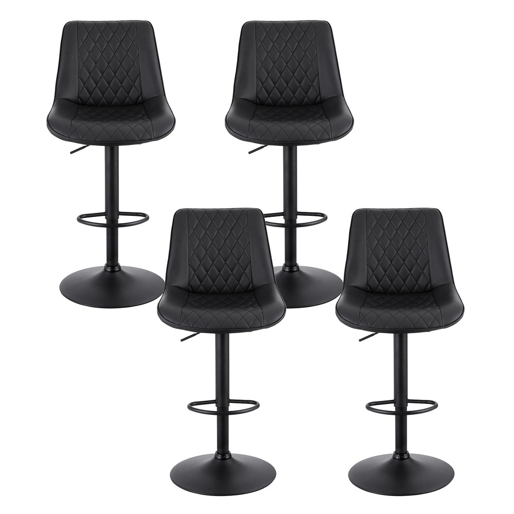 Four black quilted bar stools on a white background
