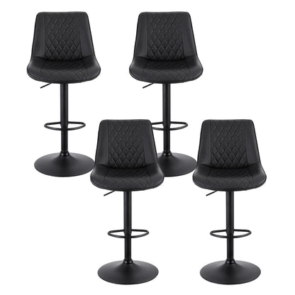 Four black quilted bar stools on a white background