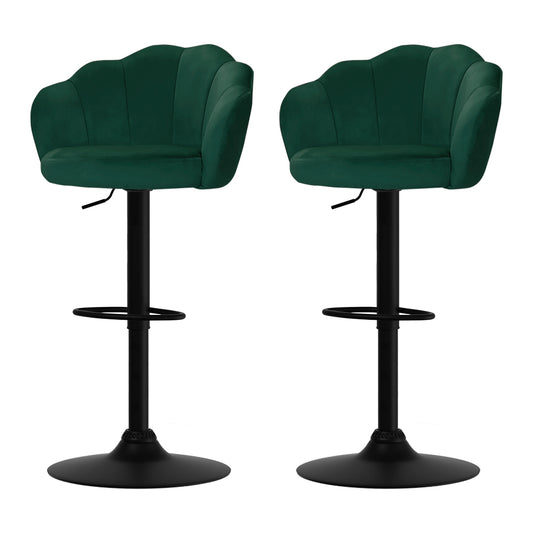 Set of 2 Velvet Clamshell Gas Lift Bar Stools Green