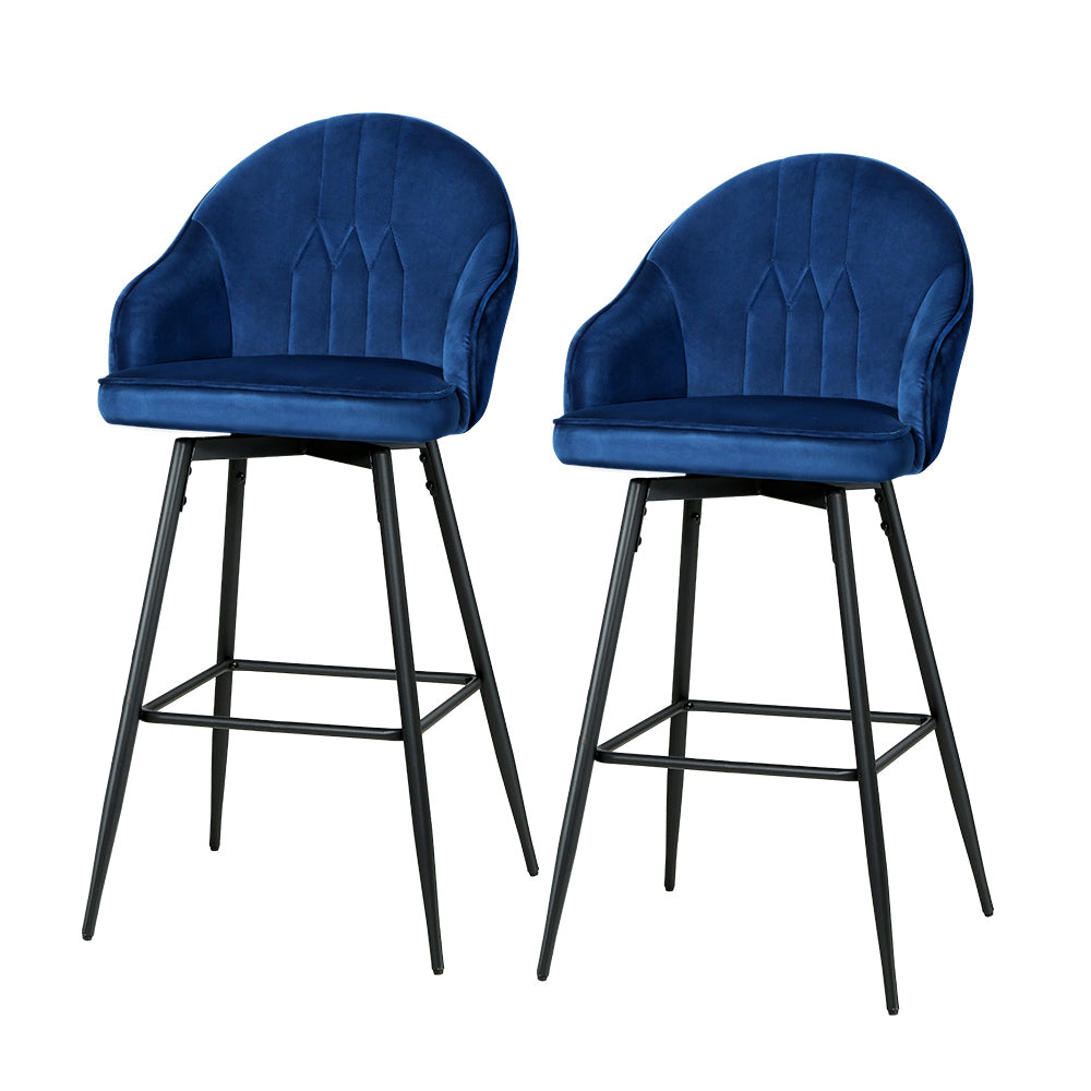 Set of 2 Modern Velvet Swivel Bar Stools Blue