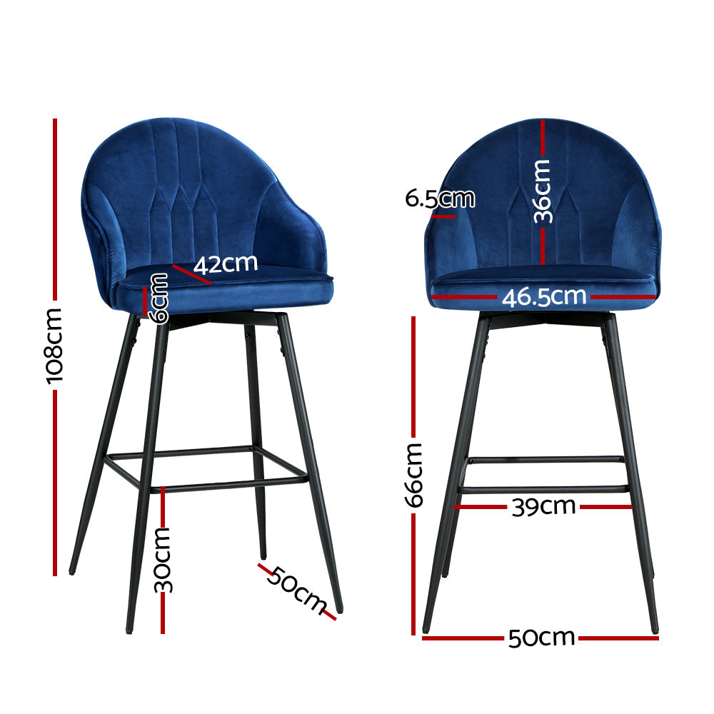 Set of 2 Modern Velvet Swivel Bar Stools Blue