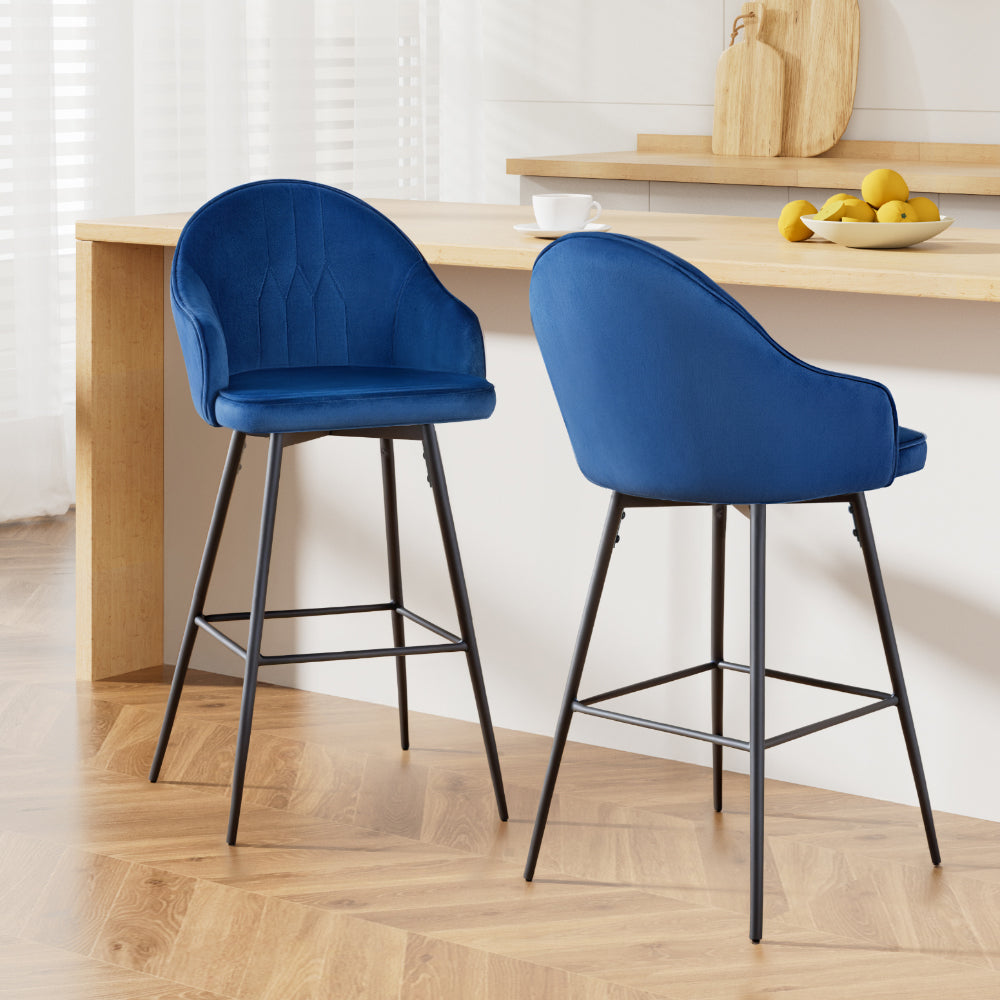 Set of 2 Modern Velvet Swivel Bar Stools Blue