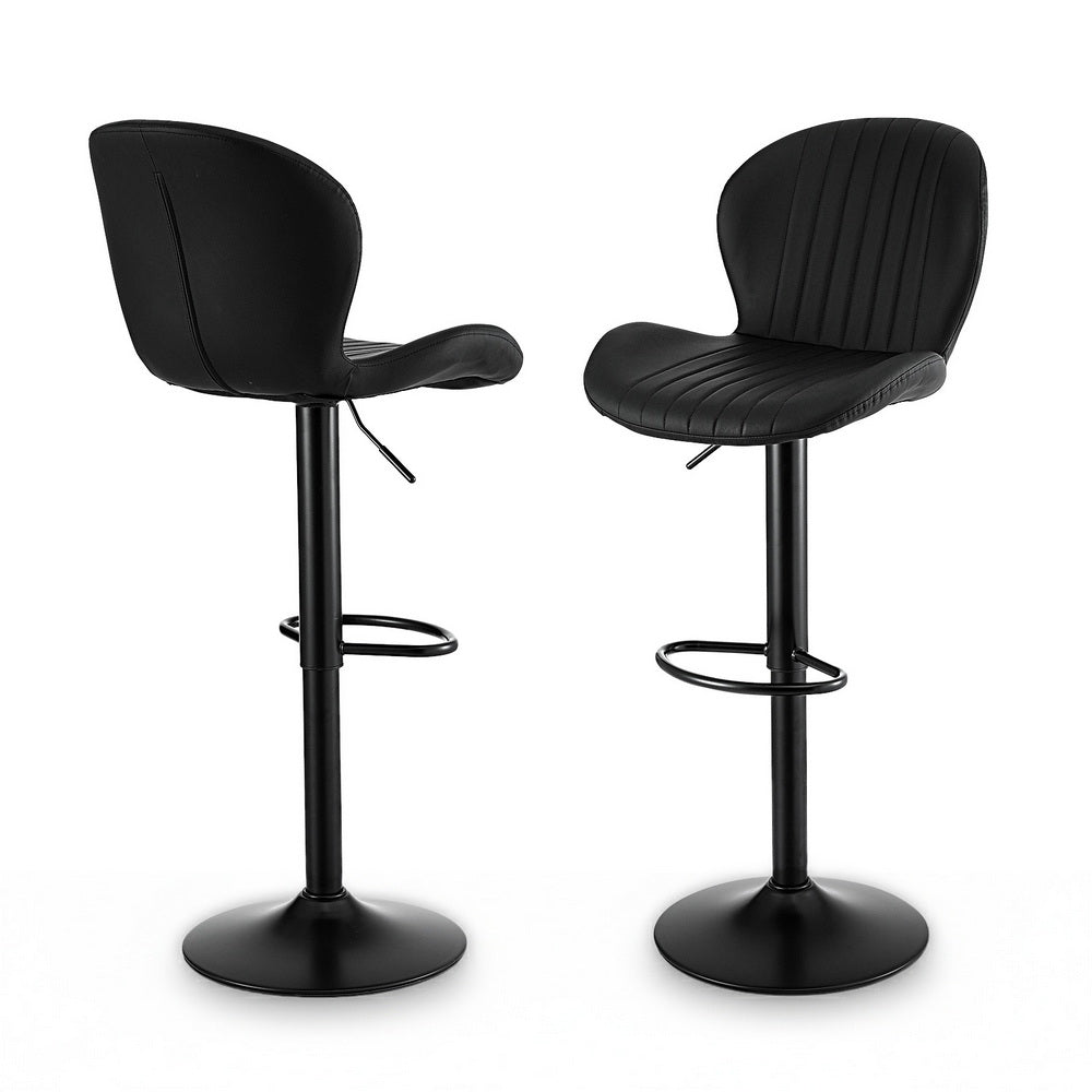 Two black bar stools with adjustable seats on a white background