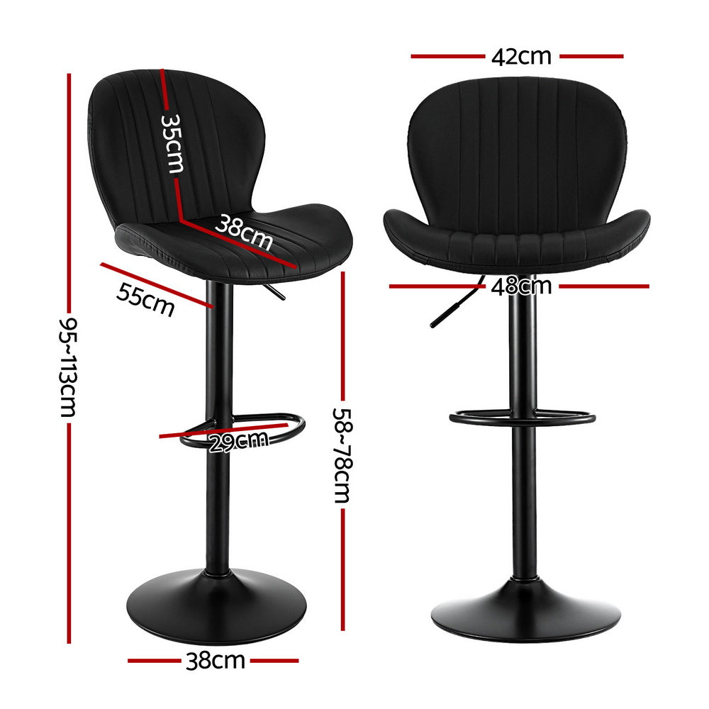 Black bar stools with dimensions marked on a white background