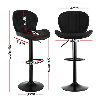 Black bar stools with dimensions marked on a white background