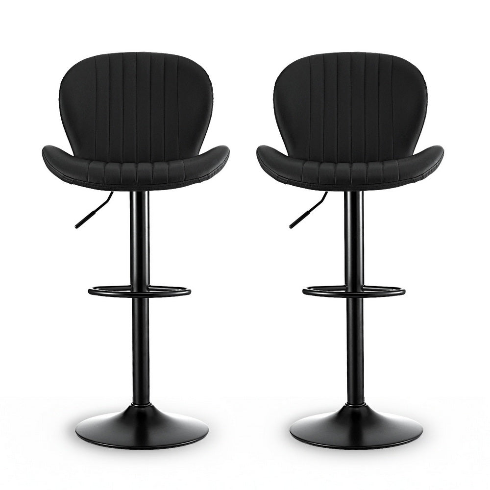 Two black bar stools with adjustable seats on a white background