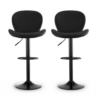 Two black bar stools with adjustable seats on a white background