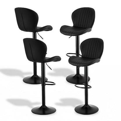 Four black bar stools with adjustable seats on a white background