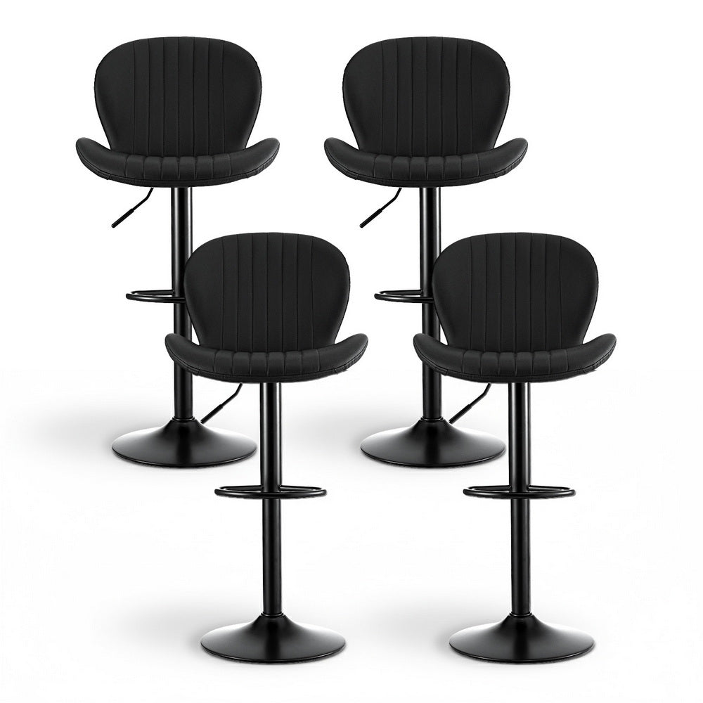 Four black bar stools with adjustable seats on a white background