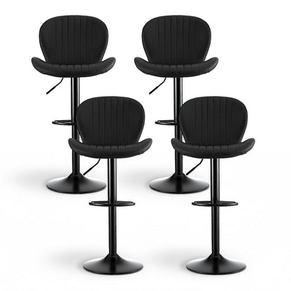 Four black bar stools with adjustable seats on a white background