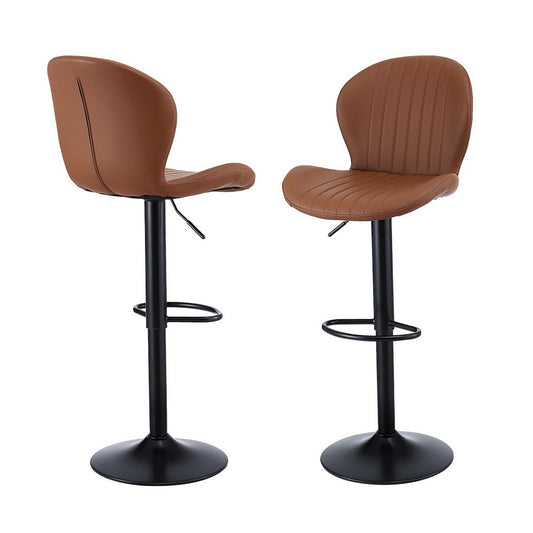 Two brown bar stools with black metal legs on a white background