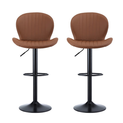 Two brown bar stools with black legs on a white background