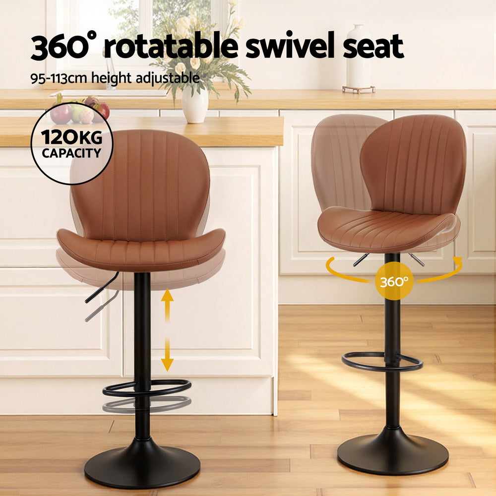 Brown bar stools with 360-degree swivel seat and height adjustment features in a kitchen setting.
