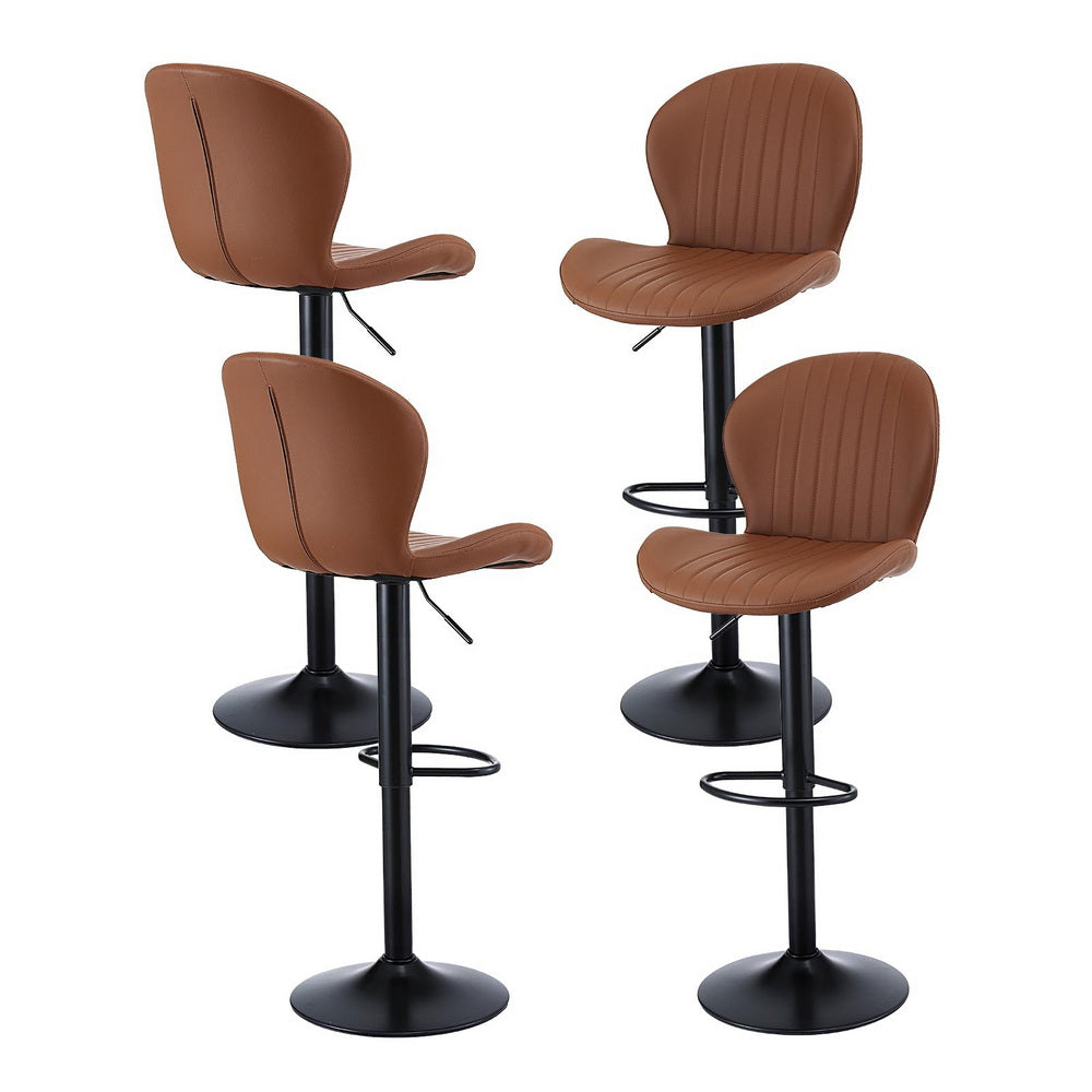 Four brown bar stools with black bases on a white background