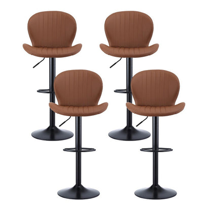 Four brown bar stools with black legs on a white background