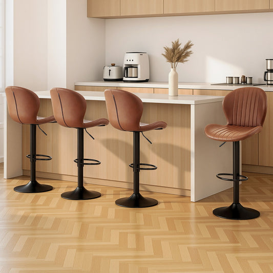 Four brown bar stools with black legs in a kitchen setting.